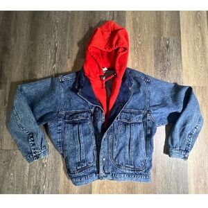 Urban Equipment Denim Jacket Mens XL Blue Red Hooded Acid Wash 90s Vintage
